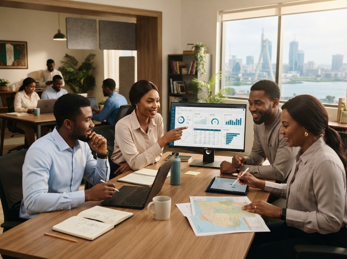 NIGERIA INVESTMENT FORUM analysts reviewing predictive model output on a workstation